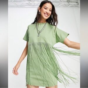 ASOS Green Fringe T-Shirt Dress Size 4 Boho Festival